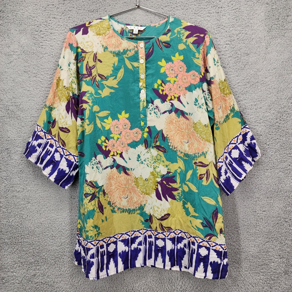 Cabi Silk Floral Tunic Top Teal Purple Boho Henley 3/4 Sleeve Size Small